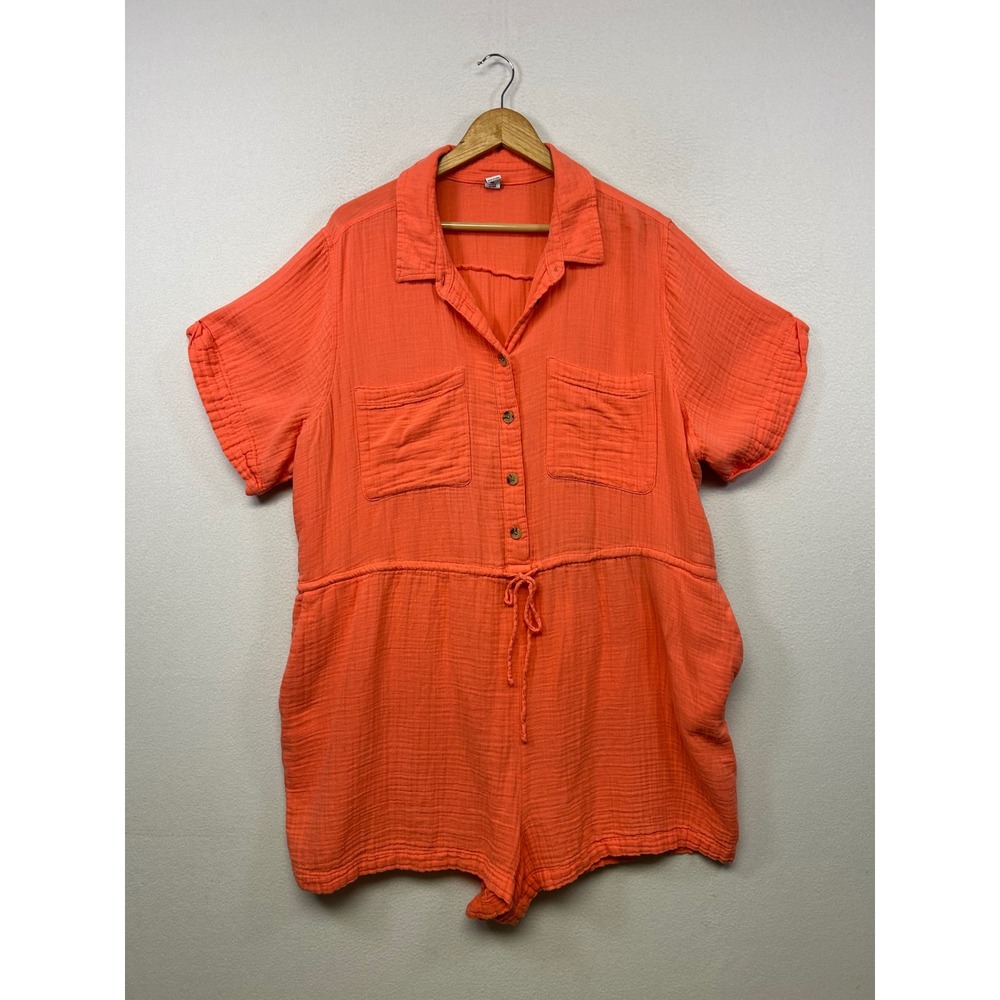 Coastal Summer Old Navy Womens‎ 3X Coral Orange Gauze Button Front Romper